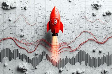 Poster - Red rocket with Bitcoin symbol launching on a topographic map background, representing Bitcoin's rise. Ai generative.