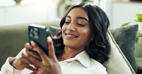 Poster - Smartphone, couch and browsing in house, woman and smile for game on app, entertainment and chilling. Home, relax and girl with mobile for gaming, internet and online for download, playing and happy