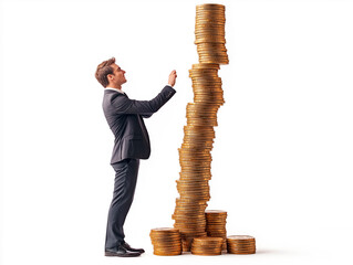 Businessman stacking golden coins to form a tall tower on a white background, representing growth and financial success.