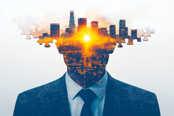 Aufkleber - Silhouette of a man with cityscape and puzzle pieces emerging from his head, against a light background.