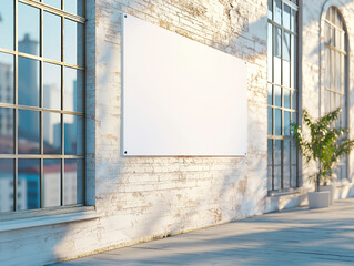 Wall Mural - Blank white sign on brick wall outside a building with large windows and potted plant, early morning light.