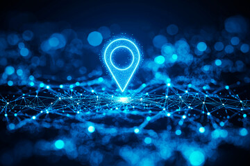 Poster - Abstract glowing location pin icon over a network of interconnected nodes on a dark blue background.