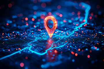 Poster - Digital map with glowing location pin on a circuit board background, concept of navigation and technology.