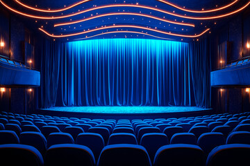 Poster - Elegant theatre interior with blue curtains and starry ceiling.
