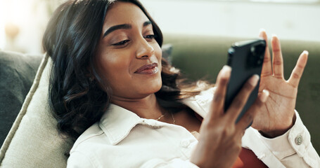 Poster - Smartphone, gaming and browsing in house, woman and smile for game on app, entertainment and chilling. Home, relax and girl with mobile in lounge, internet and online for download, playing and happy