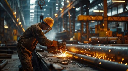 Poster - A man in a hard hat is working on a piece of metal