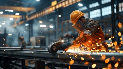 Poster - A man in a yellow helmet is working with a metal saw