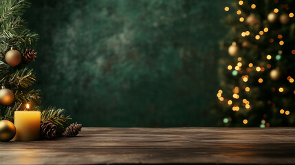 Christmas wooden table mockup with christmas-tree, balls, candles and lights with green background. Festive template banner with creative bauble decoration 