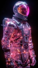 Wall Mural - a futuristic astronaut in a pink and purple suit stands against a dark and mysterious backdrop.