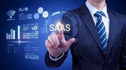 businessman pressing virtual button SaaS, software as a service. cloud computing concept, cloud technology, Saas, Paas, Iaas.