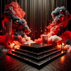 Wall Mural - 3d render of a red, black and white podium with smoke background