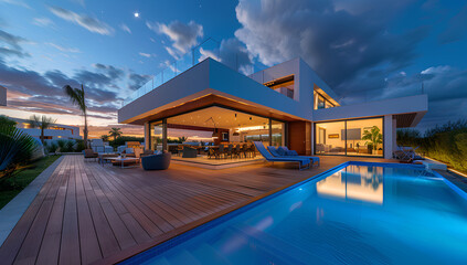 Wall Mural - Luxurious modern mansion with infinity pool and view of the ocean at dusk, real estate