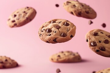 Wall Mural - Chocolate chip cookies floating against pink background 