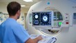 © sirisakboakaew - Healthcare technology in action, with a close-up of the CT scanner controls and a technician focused on the imaging process