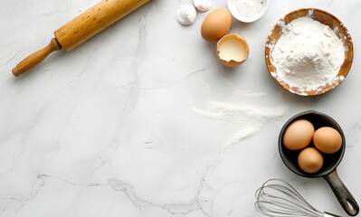 white marble kitchen counter with baking tools and ingredients, eggs, flour, oil on the side, white 