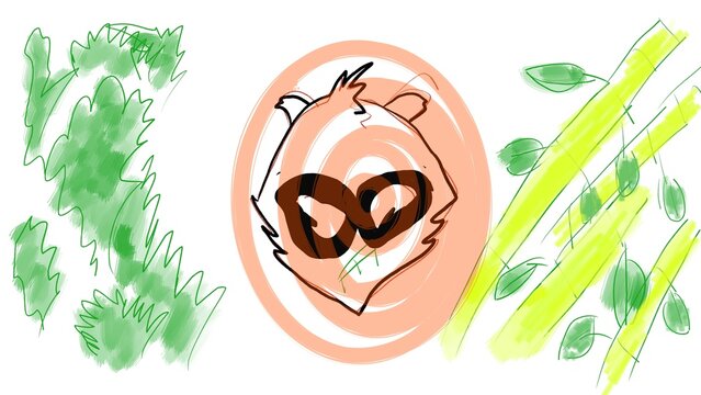 Illustration of a raccoon head with a background of bamboo trees and grass