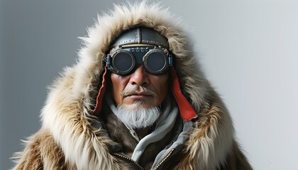 Sticker - Inuit Hunter in Fur-Lined Parka with Traditional Snow Goggles Displayed in 3D on White Canvas