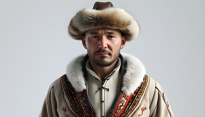 Wall Mural - Kyrgyz Nomad in Traditional Wool Attire and Fur Hat, 3D Rendered on White Background