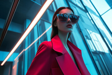 A model wearing a tailored coat with oversized sunglasses, posing against a sleek, futuristic building, dramatic lighting creating a high-end, modern fashion vibe for 2024.