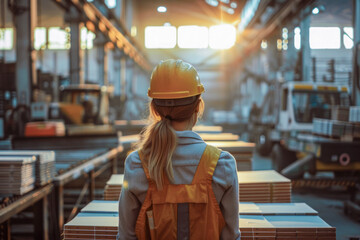 A woman wearing a yellow vest and a hard hat