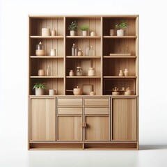 A brown wooden wardrobe with drawers and shelves stands closed in an empty room, featuring a simple design with handles and a smooth wood texture, blending into the home's interior architecture