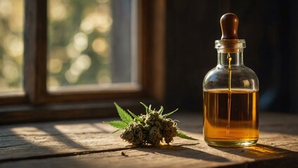 Cannabis oil dropper on a rustic table, its amber color enhanced by soft natural light.