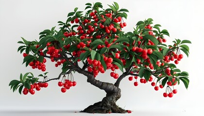 Wall Mural - Charming 3D Cherry Tree with Clusters of Bright Red Fruit and Delicate Leaves on a White Background