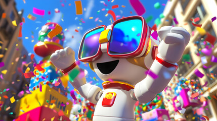 A lively 3D cartoon figure with vibrant VR glasses, participating in a colorful virtual parade with animated floats and dazzling confetti, capturing a festive and celebratory mood