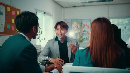 Poster - Businesspeople engage in a discussion with a manager during a meeting in a startup office, focusing on project details and strategies for collaboration and success