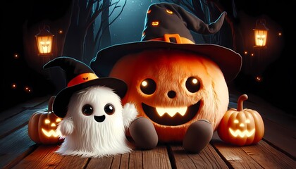 3d halloween jack o lantern and cute ghost