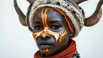 Wall Mural - Traditional Himba Woman in 3D with Otjize Paste and Goat-Hair Headdress Against a White Background