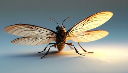 Wall Mural - Charming 3D firefly softly glowing in darkness with delicate wings against a pure white background