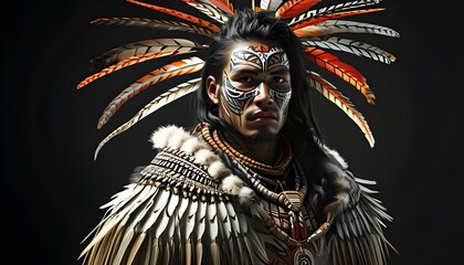 Maori warrior adorned with moko tattoos and a feathered cloak, presented in dynamic 3D against a white canvas backdrop