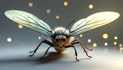 Wall Mural - Charming 3D firefly softly glowing in darkness with delicate wings against a pure white background