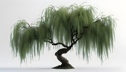 Wall Mural - Elegant 3D willow tree with graceful, drooping branches set against a clean white background