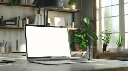 Poster - Laptop screen mockup placed on a desk, with a modern workspace setup in the background to showcase a responsive web design.