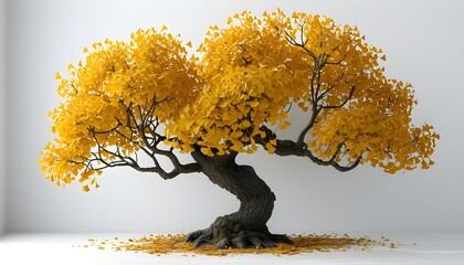 Wall Mural - Stunning golden ginkgo tree with vibrant yellow leaves rendered in 3D against a clean white background