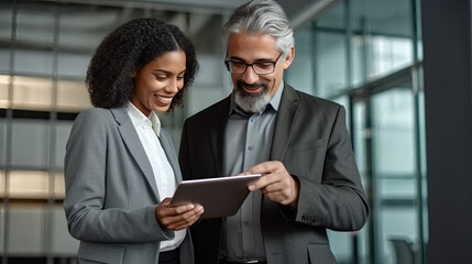 a man and woman in business attire stand together, the female is showing something on her tablet to 