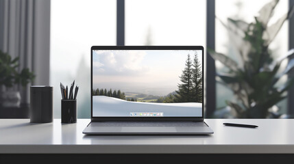 Poster - Laptop screen mockup placed on a desk, with a modern workspace setup in the background to showcase a responsive web design.