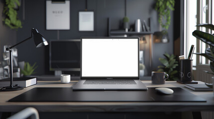 Poster - laptop screen mockup placed on a desk, with a modern workspace setup in the background to showcase a