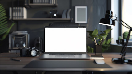 Poster - Laptop screen mockup placed on a desk, with a modern workspace setup in the background to showcase a responsive web design.