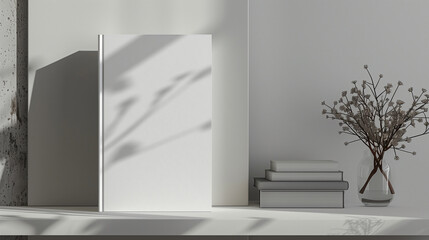 Poster - blank white Book cover mockup standing on a shelf, surrounded by minimal decor, focusing attention on the front cover design.