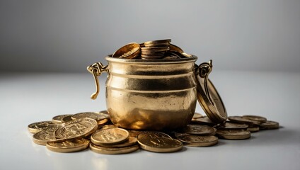 Pot of gold coins on a white background