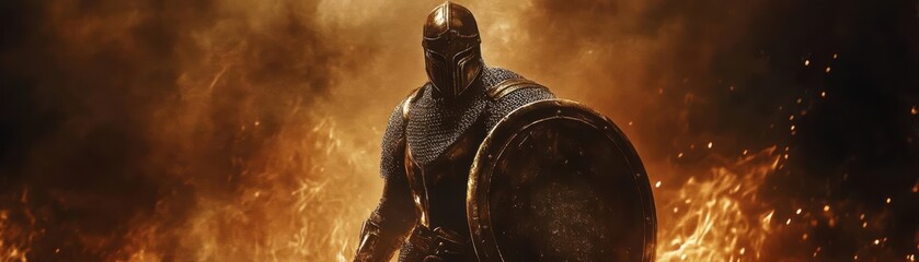 A brave warrior stands amidst flames, showcasing strength and courage with shield and armor, evoking a sense of epic battle.