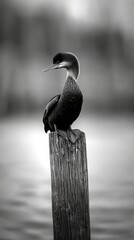  A pelican atop a weathered wooden post in a tranquil body of water