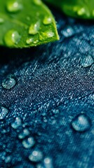  A tight shot of a green leaf above a blue fabric, dotted with water droplets at its base