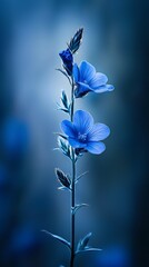 Canvas Print -  A tight shot of a blue flower on its stem, adorned with water droplets clinging to the lower petal edges and the upper stem surface