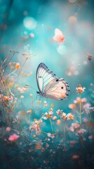 Poster -  A blue-and-white butterfly flies above a yellow-pink floral field, beneath a blue sky