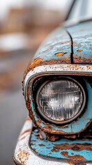 Canvas Print -  A tight shot of an antiquated car, its headlight glowing with a faint light, and a weathered, rusted front bumper