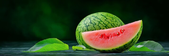  A watermelon slice and an intact one with leaves on a table